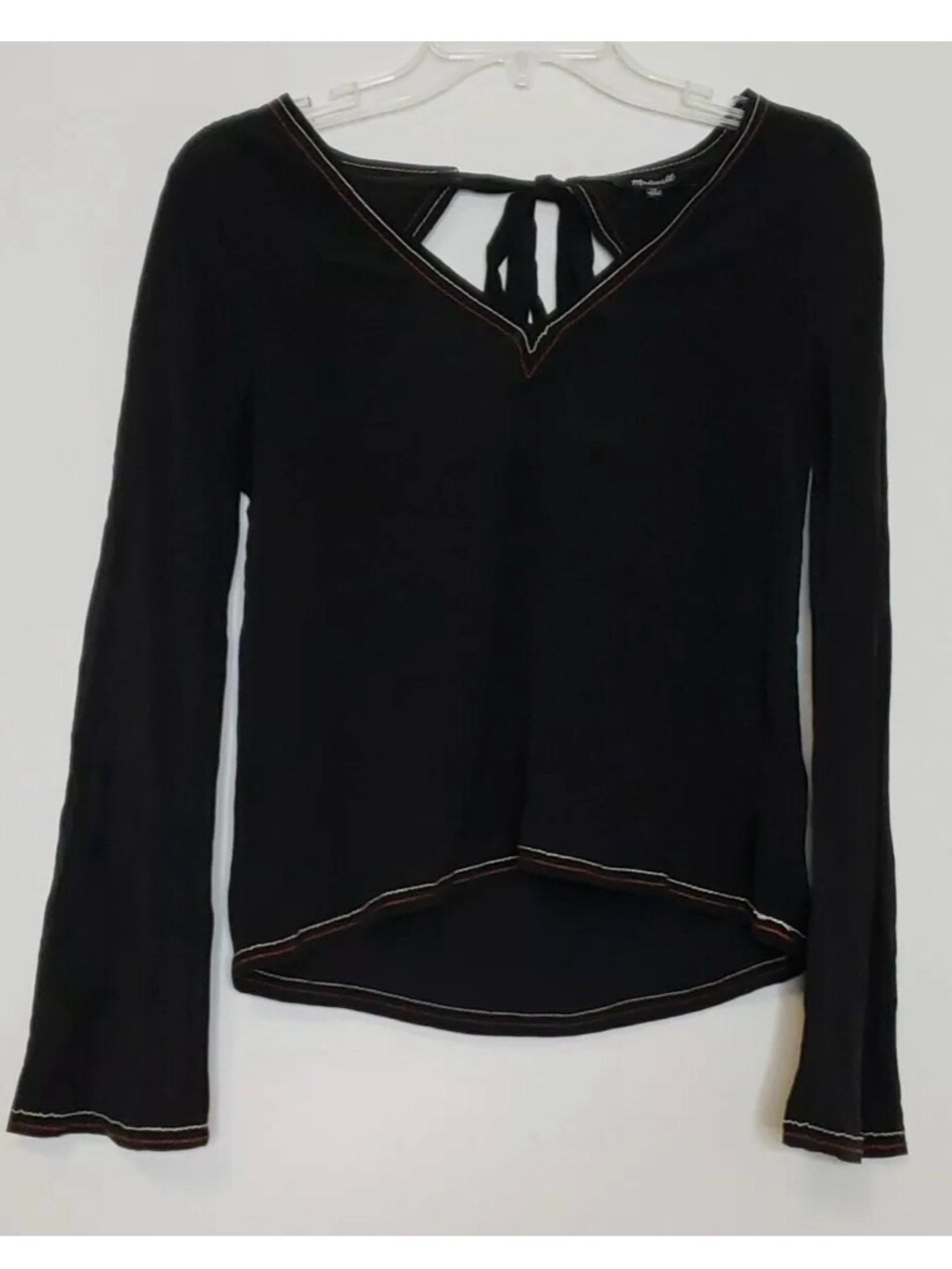 Madewell Women's Silk Black Long-Sleeve V-Neck Top with Back Tie